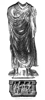 Vasudeva I:Hashtnagar Buddha and its piedestal, inscribed with "year 384" of the Yavana era (c. AD 209).