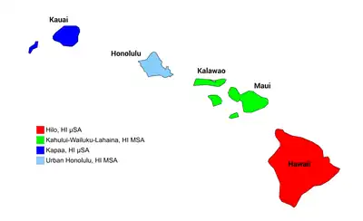 Map of the four core-based statistical areas in Hawaii.