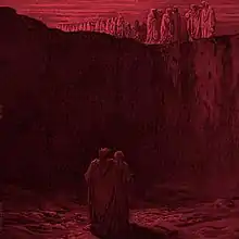 A drawing of two robed figures in a pit rendered in red, inspired by the works of Gustave Doré