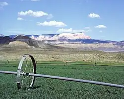 Rolling irrigation pipes keep fields green in Henrieville.