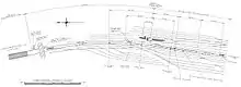 A pencil-drawn diagram showing approximately 30 sidings, evenly split between the top and bottom of the diagram; a railway line runs through the middle of the diagram.
