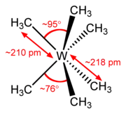 Stereo, skeletal formula of hexamethyltungsten with all implicit hydrogens shown, and assorted dimensions