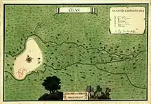 Colourful hand-drawn map of a city and its surrounding countryside. On the map are: a caption naming the city, Gilan, a map legend, a compass rose and at the bottom of the map a small painting perhaps showing a city-gate.