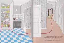 A page spread from the book, with an illustration of a kitchen and a hallway; a red string runs through the scene, and up the staircase.