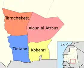 Map showing the four departments in Hodh El Gharbi Region, with Tintane in the bottom left