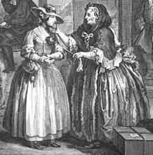 Image 13A detail from plate 1 of William Hogarth's (1697–1764) The Harlot's Progress, showing brothel-keeper Elizabeth Needham, on the right, procuring a young woman who has just arrived in London (from Prostitution)