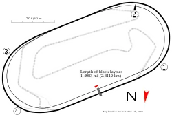 Map of Homestead-Miami Speedway. Gray dashed lines are other courses. Gray solid line is another pit road option.