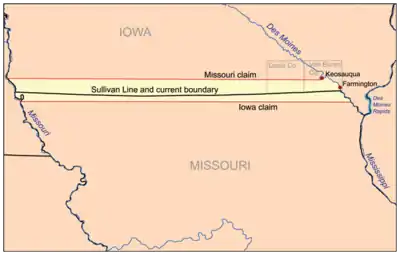 Map showing Des Moines Rapids in relation to the Sullivan Line which was subject of the Honey War.