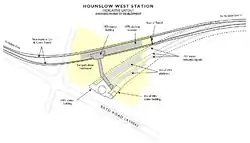 Hounslow West station, with the highlighted perimeter currently occupied by the station car park.