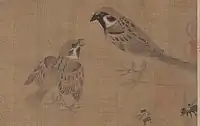 Part of an ink on silk painting by Huang Quan c. 965 CE showing a fledgling soliciting food from an adult