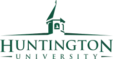 Green-colored logo consisting of a belltower topped with a small cross above the words Huntington University.