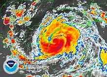 Infrared image of Hurricane Allen as it was just east of the Texas–Mexico border. While it has many banding features, it does not have an eye.