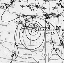 A map of the hurricane and its isobars in the western Gulf of Mexico