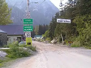 The border between Stewart, British Columbia, and Hyder, as seen from the Canadian side.