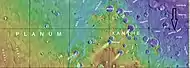 Map showing location of the Hypanis Valles (indicated with an arrow) and nearby features