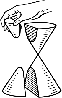 The image shows a double cone in which a geometrical plane has sliced off parts of the top and bottom half; the boundary curve of the slice on the cone is the hyperbola. A double cone consists of two cones stacked point-to-point and sharing the same axis of rotation; it may be generated by rotating a line about an axis that passes through a point of the line.