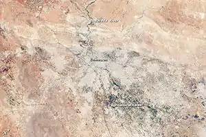 Annotated view of Barada and Damascus with surroundings, as seen from space in 2013