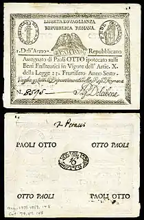 An eight-paoli Roman Republic assignat (1798).