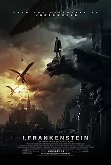 A man stands on top of a gargoyle as winged demons fly in a gloomy sky with a castle in the background