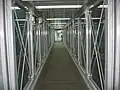 Interior of a modern glass-walled bridge at Incheon Airport, South Korea