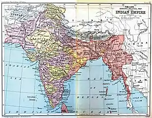 The Indian Empire in 1893 after the annexation of Upper Burma and incorporation of Baluchistan.