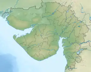 A map of Gujarat, India, with a mark indicating the location of Thol Lake