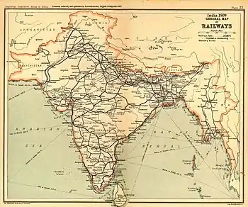 The 1909 map of Indian Railways, the fourth largest in the world. Railway construction began in 1853.