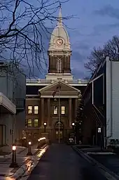 Terminating vista of the courthouse at night