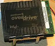 An engineering sample of the Pentium II Overdrive CPU showing the bottom of the unit.