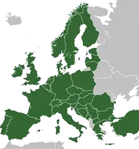 Map of Europe, with Interrail countries in green