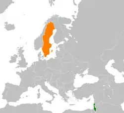 Map indicating locations of Israel and Sweden