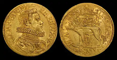 Odoardo Farnese depicted on a gold 2 doppie coin (1626).