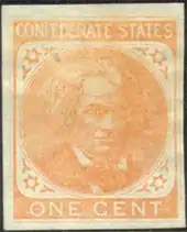 Faded stamp image of Calhoun, saying 'Confederate states One Cent'.