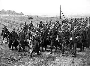 A photo of a crowd of marching Polish prisoners of war captured by the Red Army during the Soviet invasion of Poland