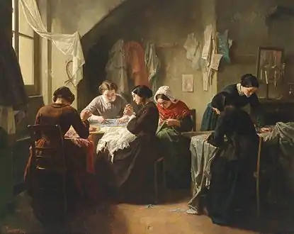 Atelier de couture. Painting dating to 1854. Painting depicts dressmakers in a workshop.