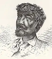 Black and white sketch of the bust of a man.  His features are darkly shaded.  He has dark curly hair and a goatee.