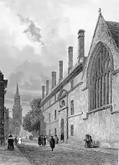 Engraving looking south along Turl Street, with the spire of All Saints Church in the background (1839).