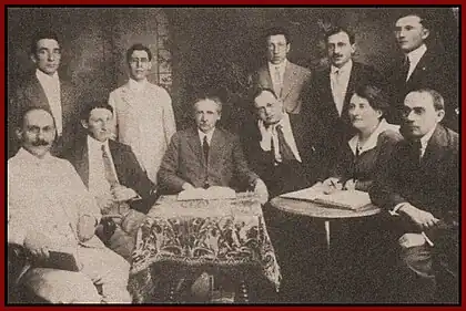 Zivion (seated, first on left), with other members of the Jewish Socialist Federation in 1917.