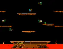 A horizontal rectangular video game screenshot that is a digital representation of a fictional lava world. A small yellow character on a blue ostrich flies around an area populated with floating brown platforms and red and grey knights green buzzards. At the bottom center is a large brown platform protruding from a pit of red lava. Within the platform is a set of yellow numbers.