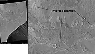 Inverted Channels near Juventae Chasma, as seen by HiRISE.  Channels were once regular stream channels. Image in Coprates quadrangle. Scale bar is 500 meters long.