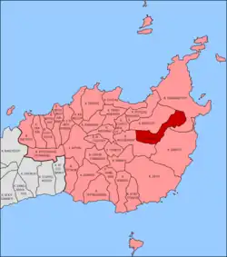 Easr Crete. Karydi is in red; Lasithi in pink and red. The large-size coastal communities reflect the presence of the mainly uninhabited Zakros mountains.