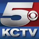 On a blue background, a box containing a silver 5 dividing it into blue and red segments. On the red segment, to the right of the 5, is the CBS eye. Beneath are the letters KCTV in a sans serif.