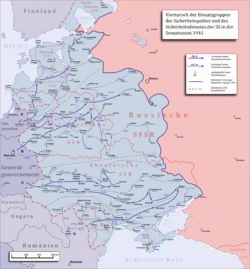 Map of the Einsatzgruppen operations behind the German-Soviet frontier with the location of the first shooting of Jewish men, women and children, 30 July 1941