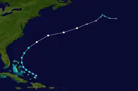 A map plotting the track and intensity of Hurricane Kate at 6-hour intervals during its lifetime.