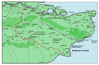 The Redhill–Tonbridge line, shown with other railway lines in Kent. Note the line's relation with the South Eastern Main Line.