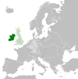 The Kingdom of Ireland in 1789; other realms in personal union are in light green