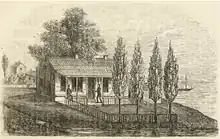 Black and white sketch of a well-kept log house, with multiple windows, a front porch, fence and landscape. Two people are on the porch.