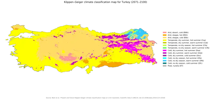 map of Turkey, roughly a horizontal rectangle, showing a complex pattern of climate types, but much less cold than the other map