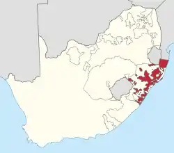 Location of KwaZulu (red) within South Africa (yellow).