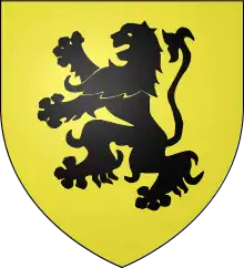 A yellow shield with a black lion rampant